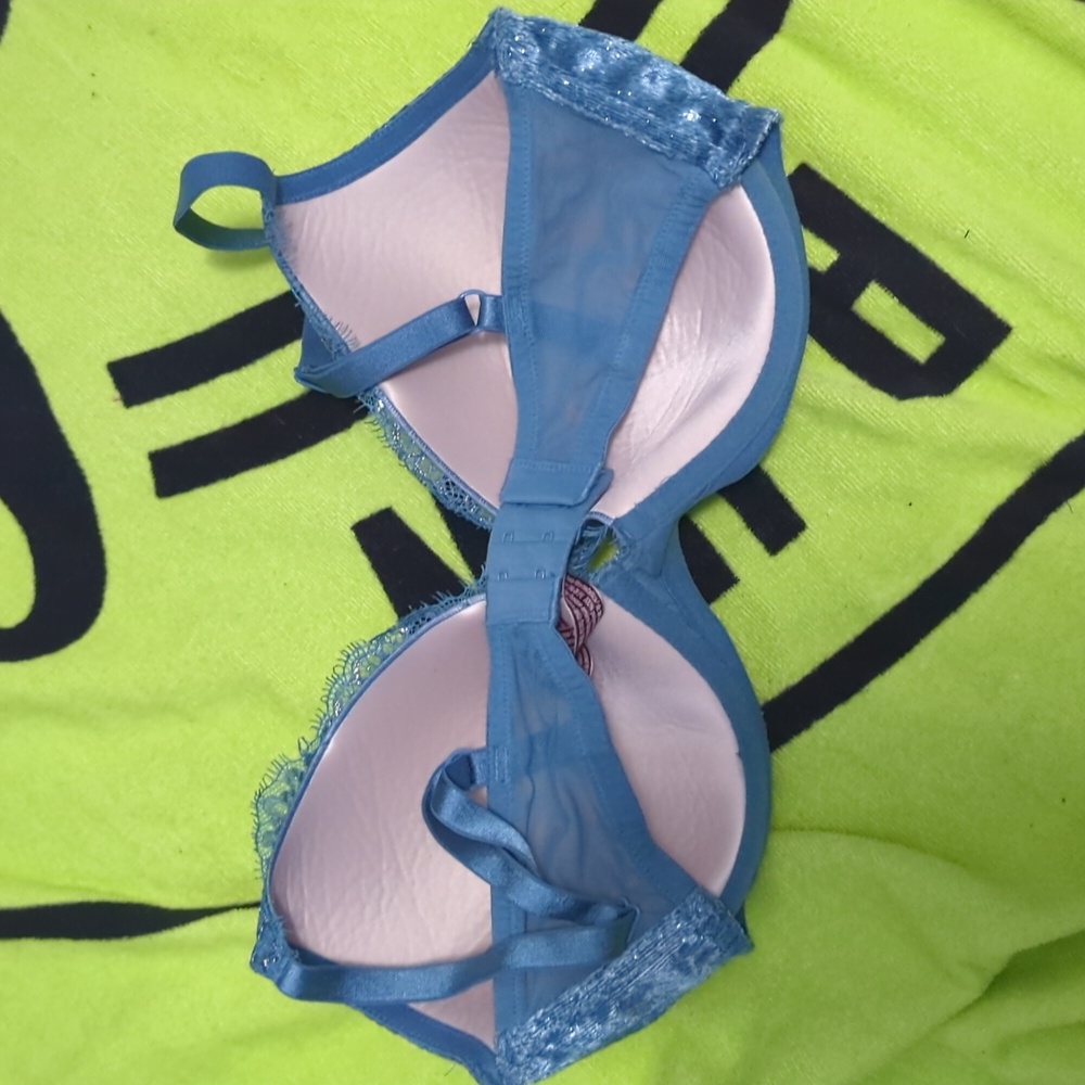 Victoria's Secret Bra Very Sexy Lightly Lined Turquoise/Teal& Silver Plunge 34DD - Picture 2 of 2